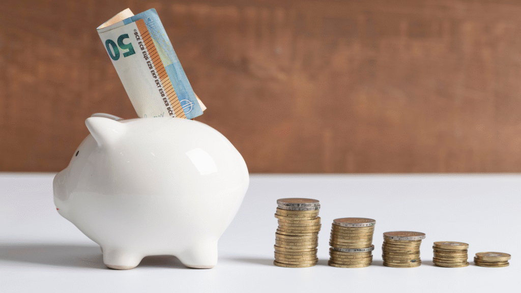 Porquinho cofre com moedas e notas representando economia, investimentos e o impacto da taxa Selic.
