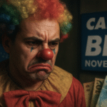 Palhaço triste segurando dinheiro, com o logo “Caixa Bet” ao fundo, simbolizando a crítica ao lançamento da plataforma de apostas da Caixa Econômica Federal.