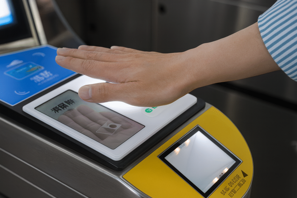 Passageiro utiliza sensor biométrico para pagar a passagem no metrô de Pequim usando apenas a palma da mão em um terminal de leitura.