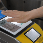 Passageiro utiliza sensor biométrico para pagar a passagem no metrô de Pequim usando apenas a palma da mão em um terminal de leitura.