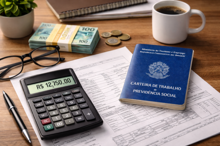 Imagem ilustrativa de cálculo de rescisão trabalhista, com carteira de trabalho, calculadora exibindo valor em reais, documentos de rescisão e dinheiro sobre uma mesa.