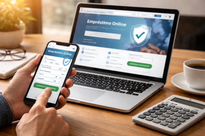 Pessoa solicitando empréstimo online seguro usando smartphone e laptop, em ambiente profissional com documentos e calculadora.