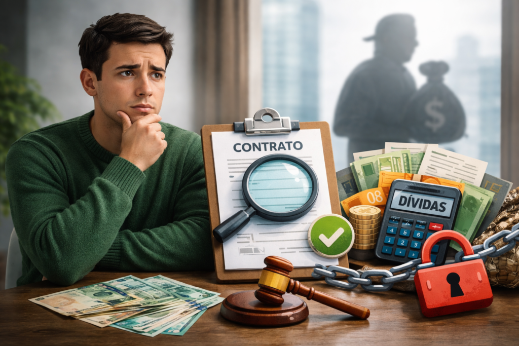 Pessoa analisando contrato de empréstimo para negativado com dinheiro e dívidas sobre a mesa