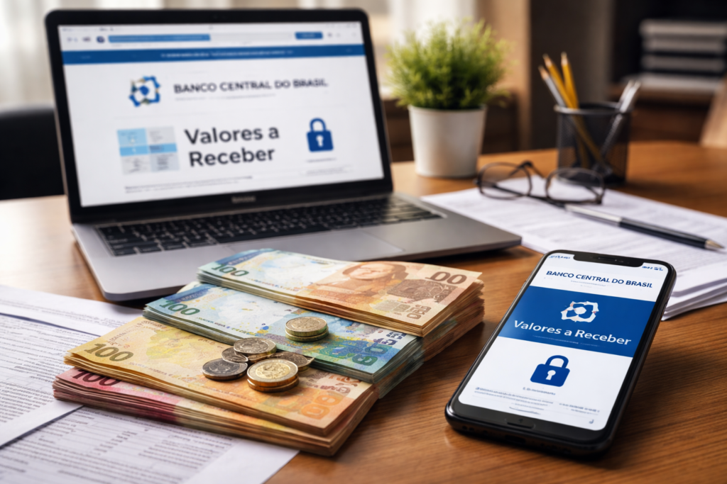 Pilha de cédulas e moedas brasileiras sobre uma mesa de escritório, com laptop e smartphone exibindo o site do Banco Central sobre valores a receber, representando recursos esquecidos em bancos.